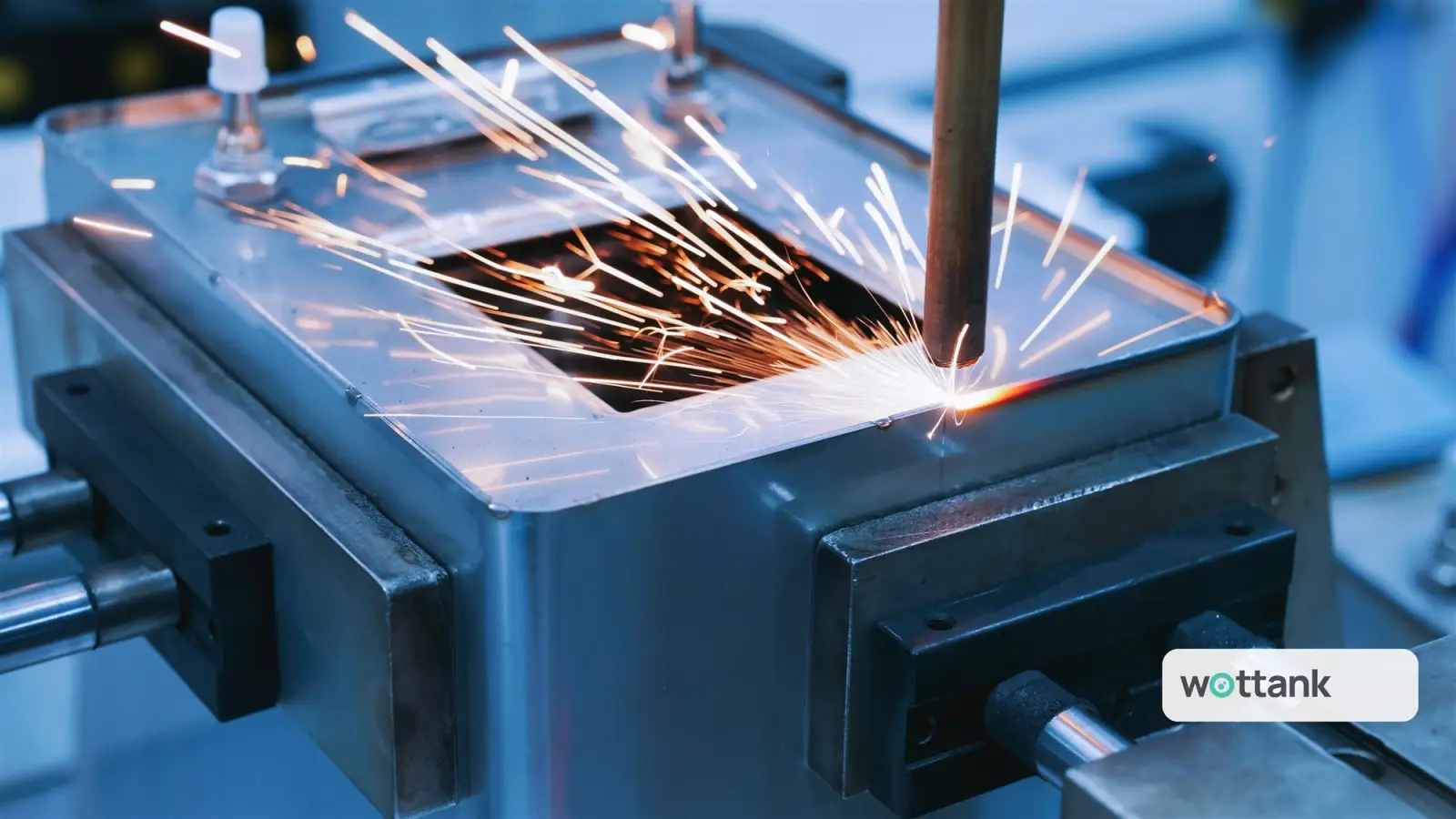 Automated seam welding sparks on a stainless steel vessel body